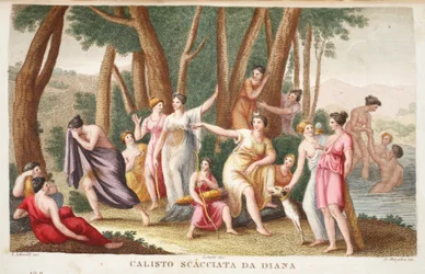Kallisto förvandlas till en björn eller Calisto Scacciata da Diana, illustration ur Ovidius Metamorfoser, Florens, 1832